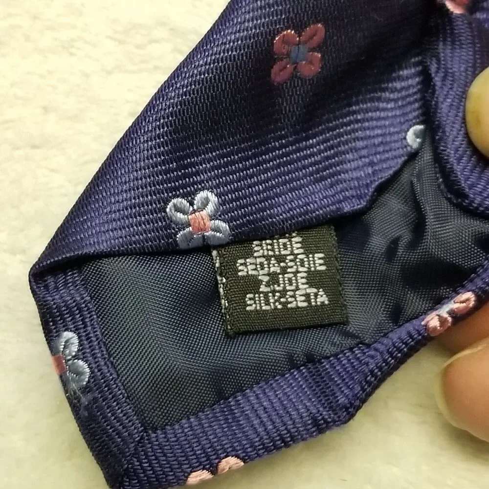 Joseph Turner Tie Necktie Pure Silk Navy Blue Pink Floral Heavy Preppy Office